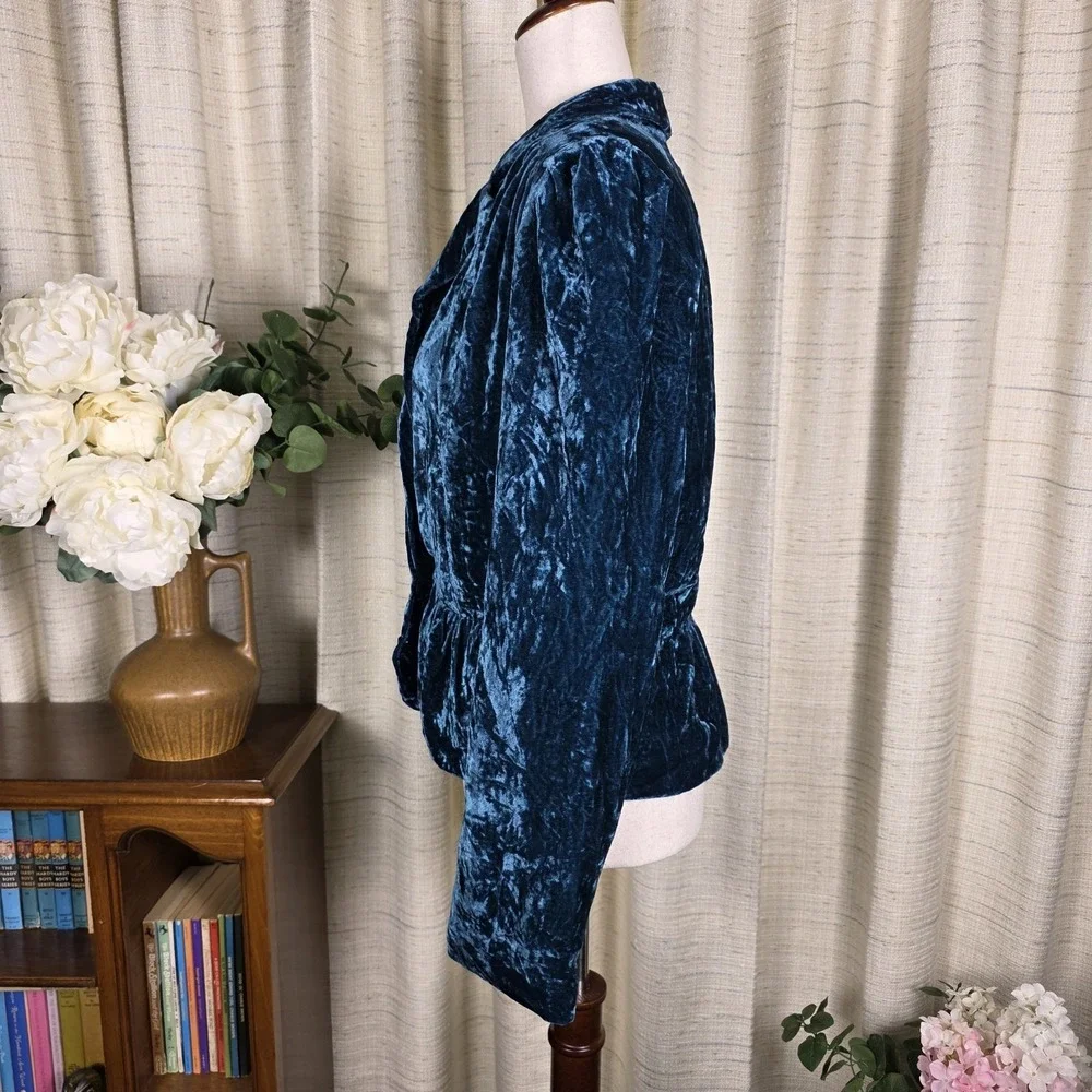 Vintage Crushed Velvet Jacket Blazer SZ S Regency Whimsigoth  Teal Blue Cinched